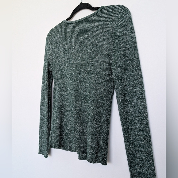 Metallic Green Silver Twist Front V Neck Rib Knit Long Sleeve Stretch Blouse - Picture 12 of 15
